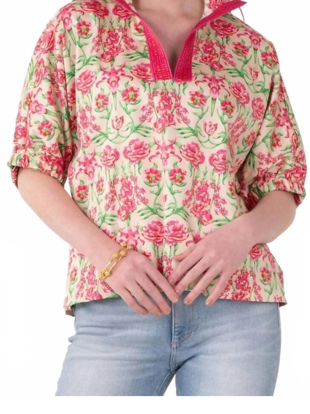 Emily McCarthy Floral Popover Blouse in Pink & Cream with Contrast Trim EUC